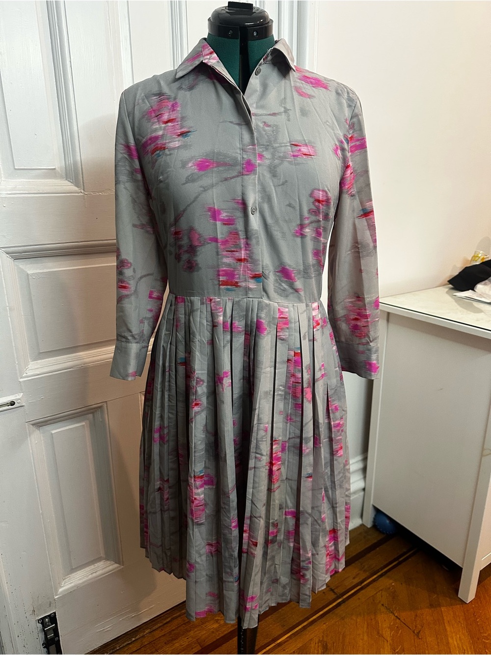 Banana Republic Gray Shirt Midi Dress with Pink Floral Accents